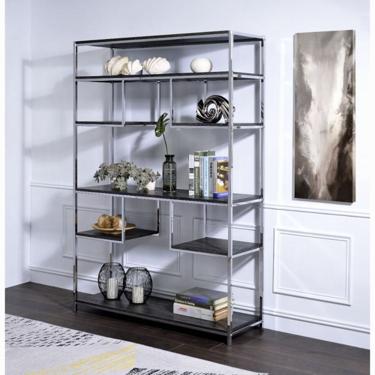 Rustic Grey Oak And Chrome 8 Shelf Bookshelf