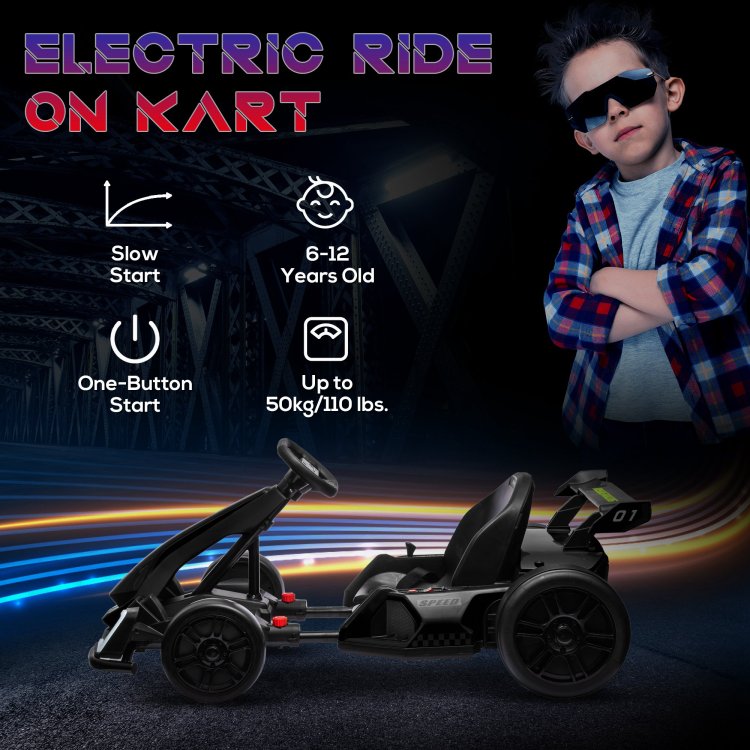 Aosom 24V 7.5 Mph Electric Go Kart With Adjustable Seat, Drifting Car Battery Powered Ride On Toy Outdoor With Slow Start, Button Start, Music, Honking Horn, Lights, For 6 12 Years Old, Black