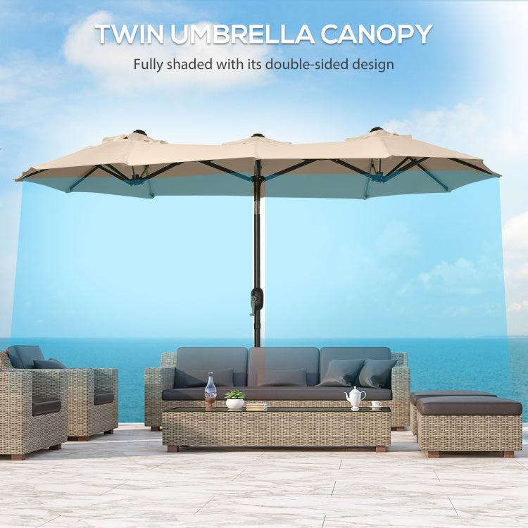 Outsunny Double Sided Patio Umbrella 9.5' Large Outdoor Market Umbrella With Push Button Tilt And Crank, 3 Air Vents And 12 Ribs, For Garden, Deck, Pool, Brown