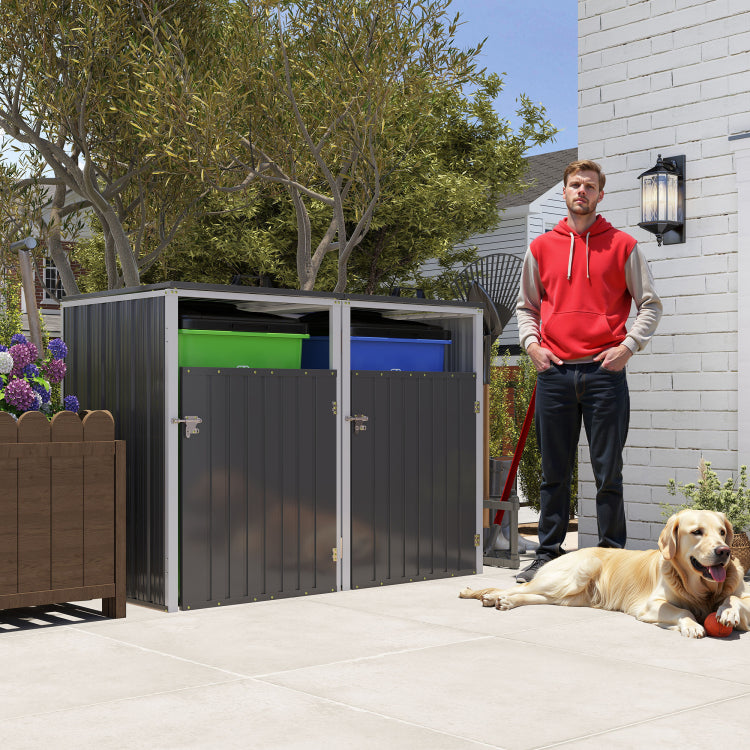 Garbage Bin Shed Stores 2 Trash Cans Metal Outdoor Bin Shed For Garbage Storage,54 Cubic Feet Of Space,Stainless Galvanized Steel, Bin Shed For Garden Yard Lawn,Grey
