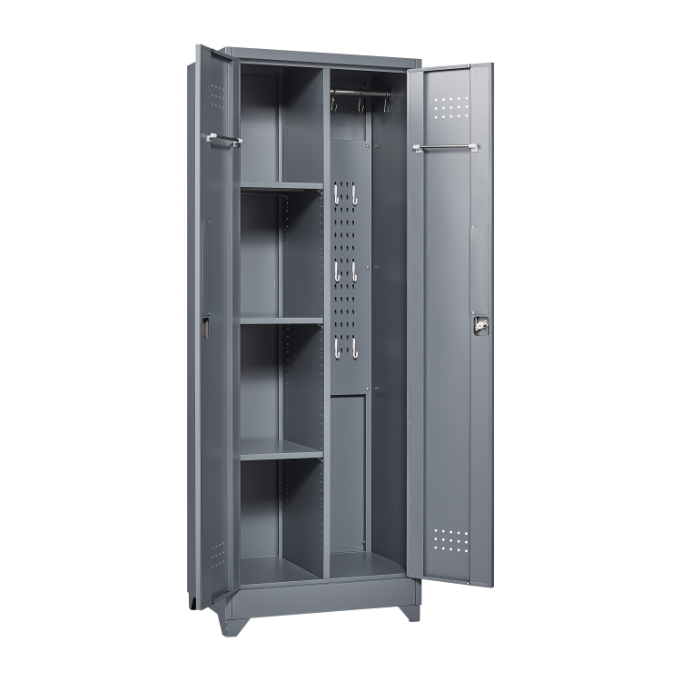 Broom Storage Cabinet With Locking Doors And Shelves, 65" H Metal Storage Cabinet With Hanging Rod & S Hooks, Cleaning Tool Storage Cabinet Grey