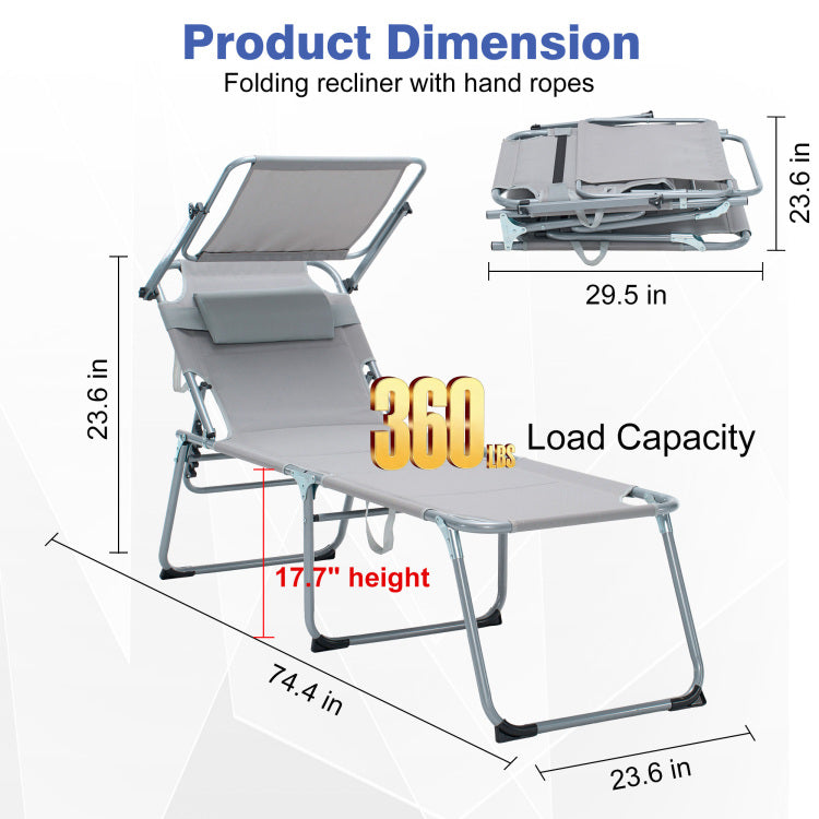 Folding Lounge Chair With Canopy, Pool Chair, Patio Sun Tanning Chair, Outdoor Reclining Chair With Position Adjustable Backrest, Mesh Seat, Suitable For Beach. Gray, 2 Pcs