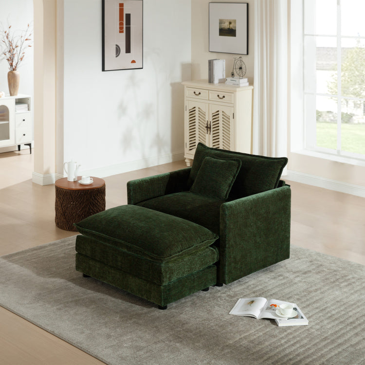 Modern Accent Chair With Ottoman, Living Room Club Chair Chenille Upholstered Armchair , Reading Chair For Bedroom, Green Chenille