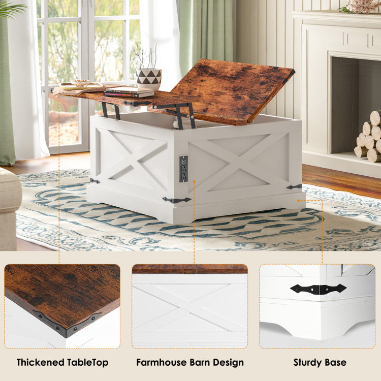 Lift Top Coffee Table With Storage & Charging Station,Multi Functional Lifting Dining Table Coffee Table,Living Room Home Table,Space Saving Modern Design.35.4"X 35.4",Vintage White