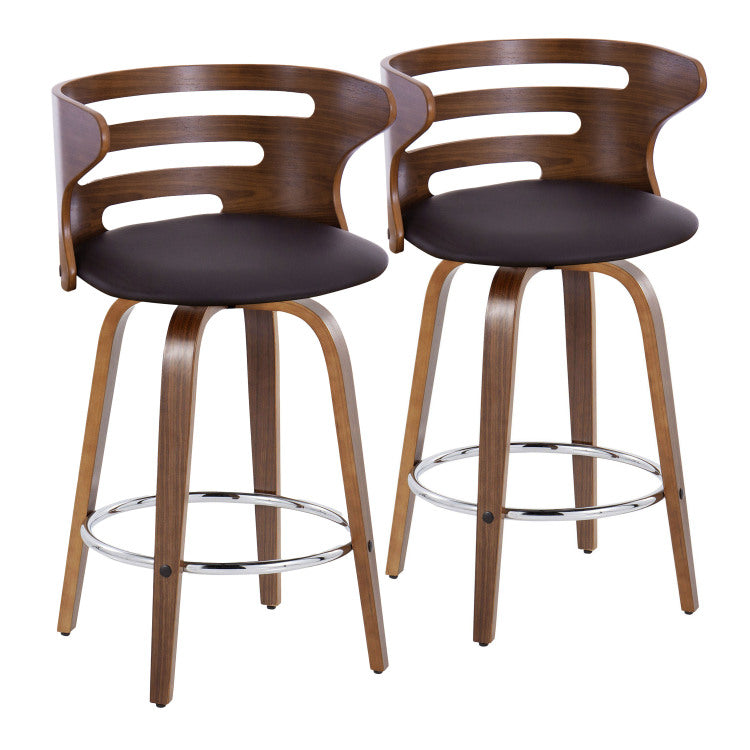 26" Mid Century Modern Fixed Height Barstool With Swivel In Walnut Wood And Brown Faux Leather With Round Chrome Metal Footrest Set Of 2