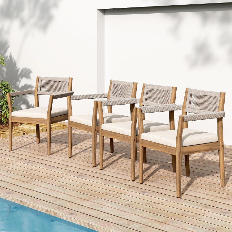 Braided Acacia Wood Outdoor Dining Chairs Set Of 2 Teak Look With Beige Rope & Cream Cushions, Armrests All Weather Patio Furniture For Garden, Poolside, And Backyard Durable & Stylish
