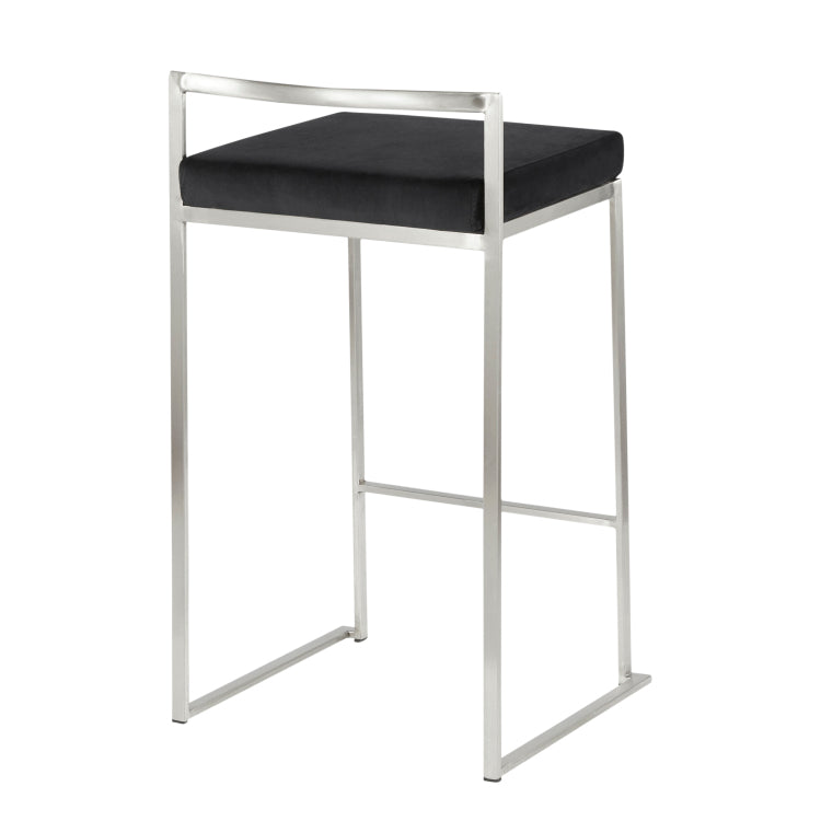 26" Contemporary Stackable Counter Stool In Stainless Steel With Black Velvet Cushion Set Of 3