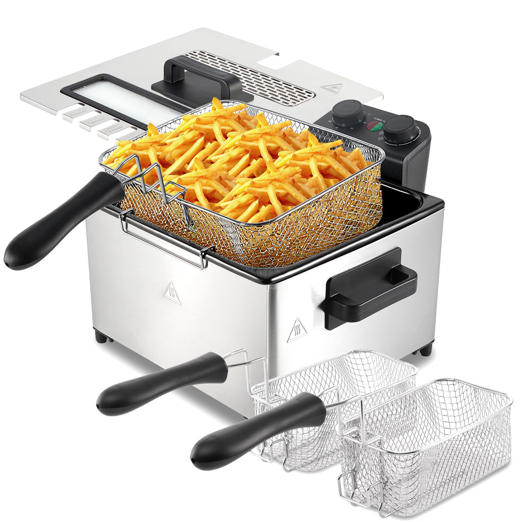 5L Deep Fryer With Basket, 1700W Electric Deep Fryer With Time & Temperature Control For Home Use, 3 Frying Baskets, Lid With View Window And Odor Free Filter, Stainless Steel, Dishwasher Safe