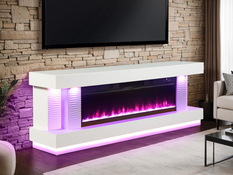 Contemporary Style Tv Stand Electric Fire Place W Heater Included Fahrenheit & Celsius Display White Finish Primary Living Room