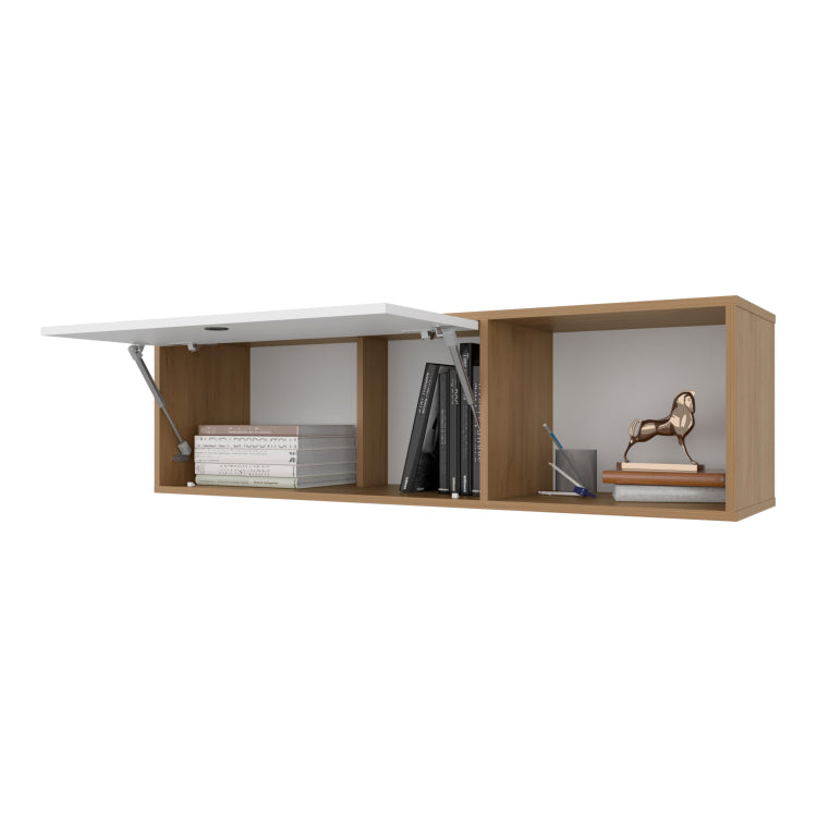 Roslyn Wall Mounted Cabinet With Lift Up Door, Open Compartments, Natural Oak And White