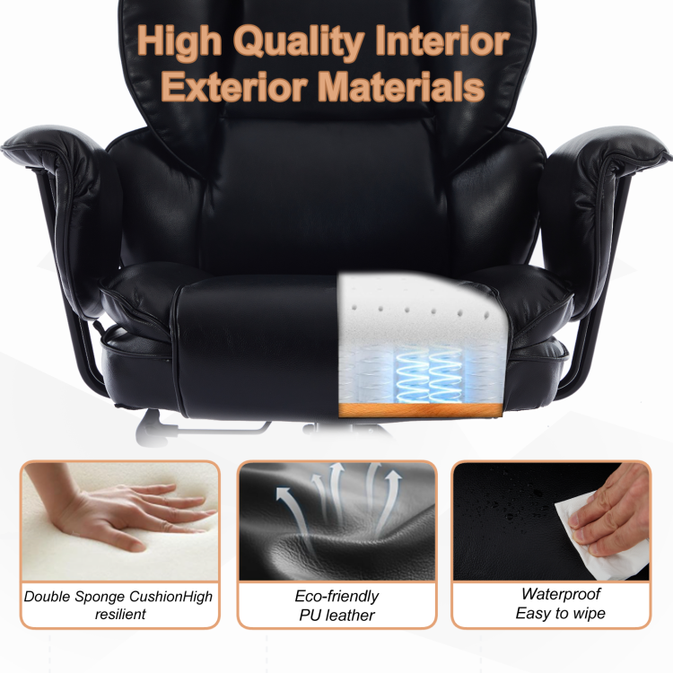 Big And Tall Office Chair 500Lbs, Ergonomic High Back Leather Executive Desk Chair For Heavy People, Wide Seat & Lumbar Support, Clamshell Armrests Black