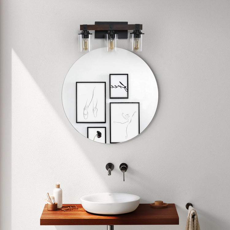 19" Rustic 3 Light Vanity Light, Industrial Bathroom Wall Sconce With Glass Shades And Wood Accent, Modern Farmhouse Lighting Fixture No Bulbs