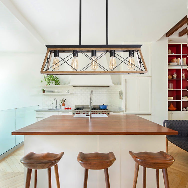 32" Walnut Industrial 5 Light Pendant Chandelier, Modern Metal Cage Design, Adjustable Hanging Light For Dining Room, Kitchen, Living Room No Bulbs