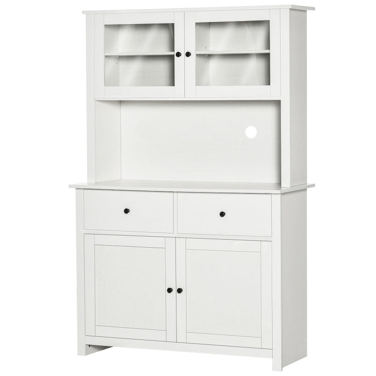 Homcom 63.5" Kitchen Buffet With Hutch, Pantry Storage Cabinet With 4 Shelves, Drawers, Framed Glass Doors, Open Microwave Countertop, Antique White