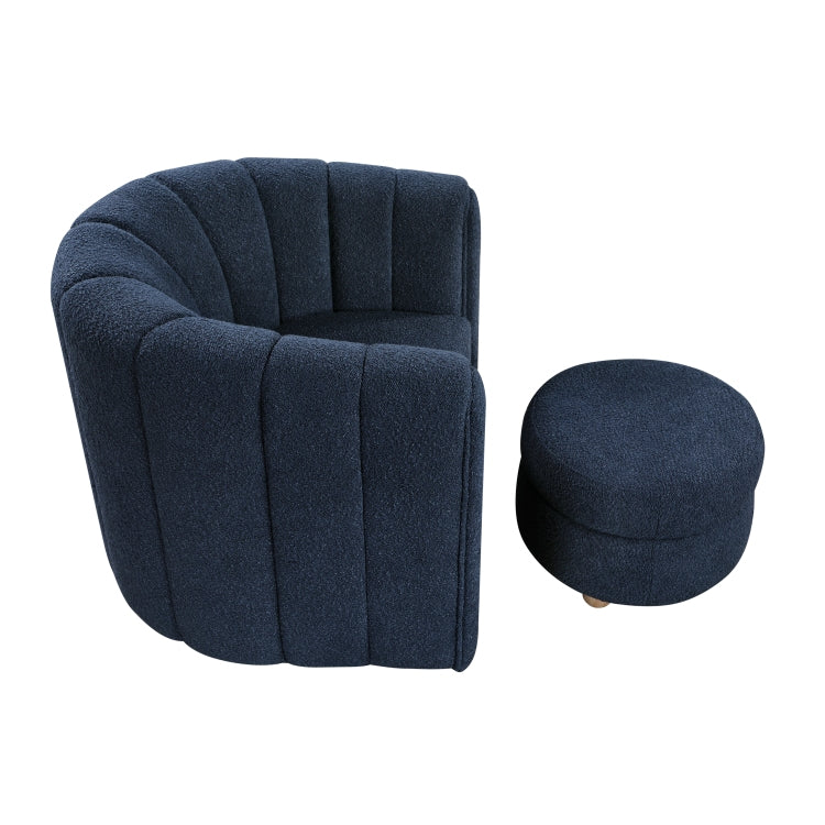 Modern Contemporary Swivel Chair With Ottoman Blue Boucle Fabric Upholstery Solid Wood Living Room Furniture