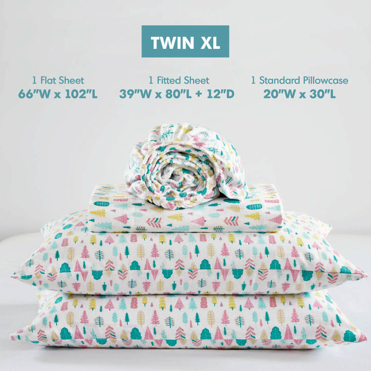 3 Pcs Twin Xl Cotton Printed Sheet Set White Holiday Trees