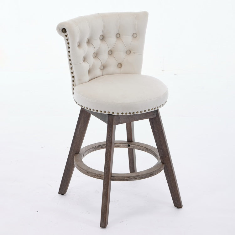 26" Counter Height Bar Stools Set Of 2, 360 Swivel Stools With Back & Hand Tufted Button Trimmed Edges, Upholstered Velvet Kitchen Counter Stools On Wood Legs,Beige,Sw1868Bg
