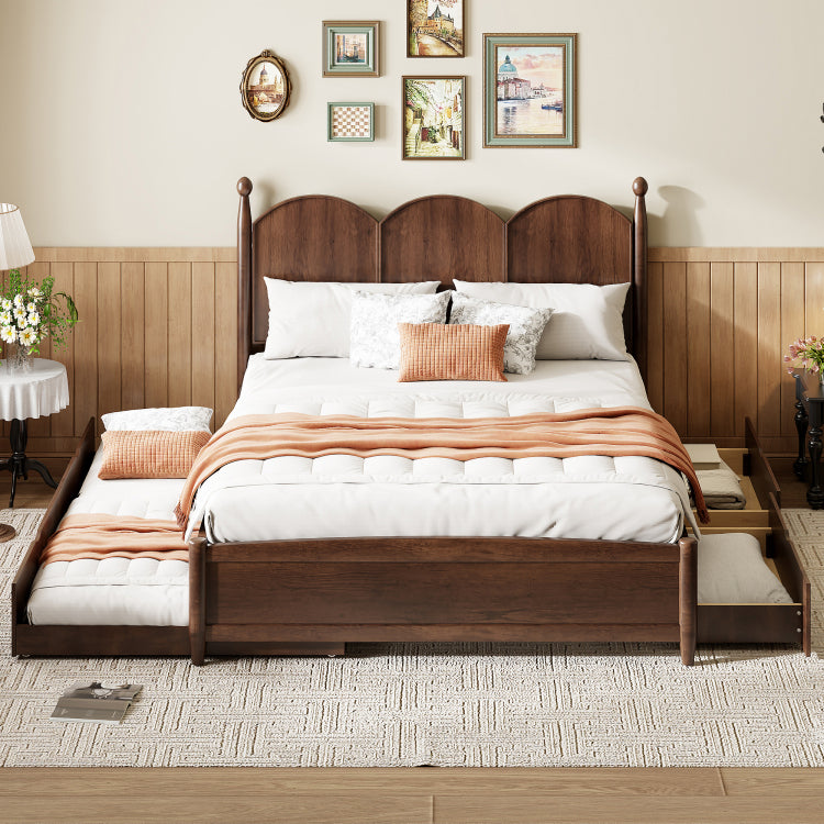 Queen Size Platform Bed With With 2 Big Drawers, Twin Xl Size Trundle, Walnut