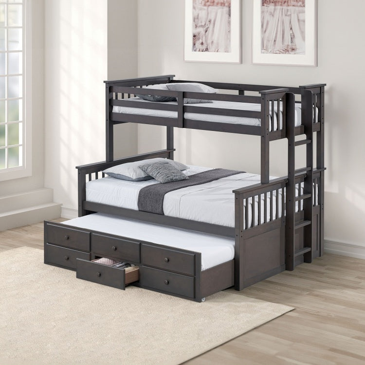 Transitional Twin Over Full Bunk Bed With Ladder And Underbed Drawers, Grey Mix