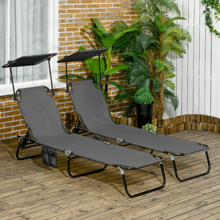 Outsunny Folding Chaise Lounge Pool Chairs, Outdoor Sun Tanning Chairs With Canopy Shade, Reclining Back, Steel Frame And Side Pocket For Beach, Yard, Patio, Dark Gray