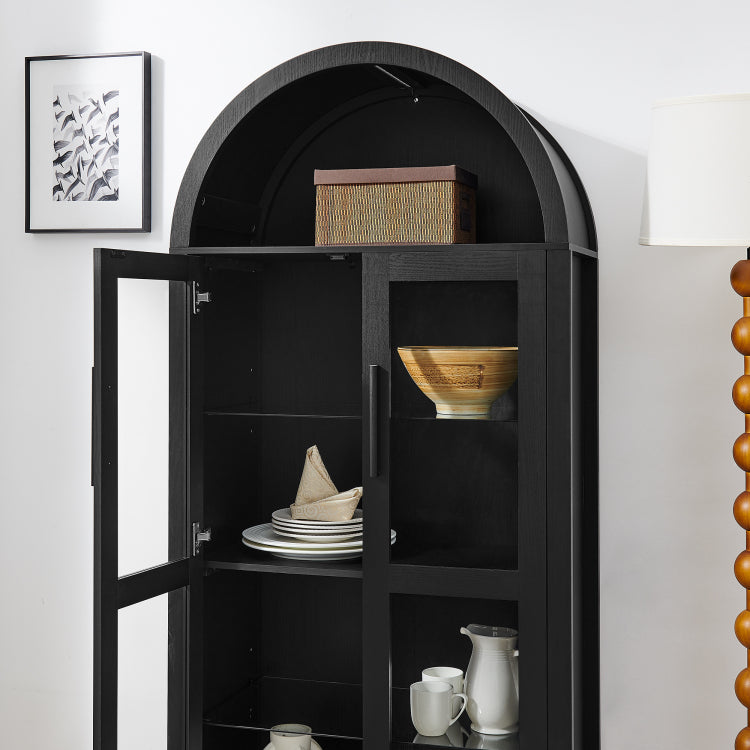 A High Arched Storage Cabinet With A Lamp, A Modern Retro Style Wooden Storage Cabinet With Adjustable Glass Partitions, Suitable For Use As A Multi Functional Cabinet In Kitchens Black