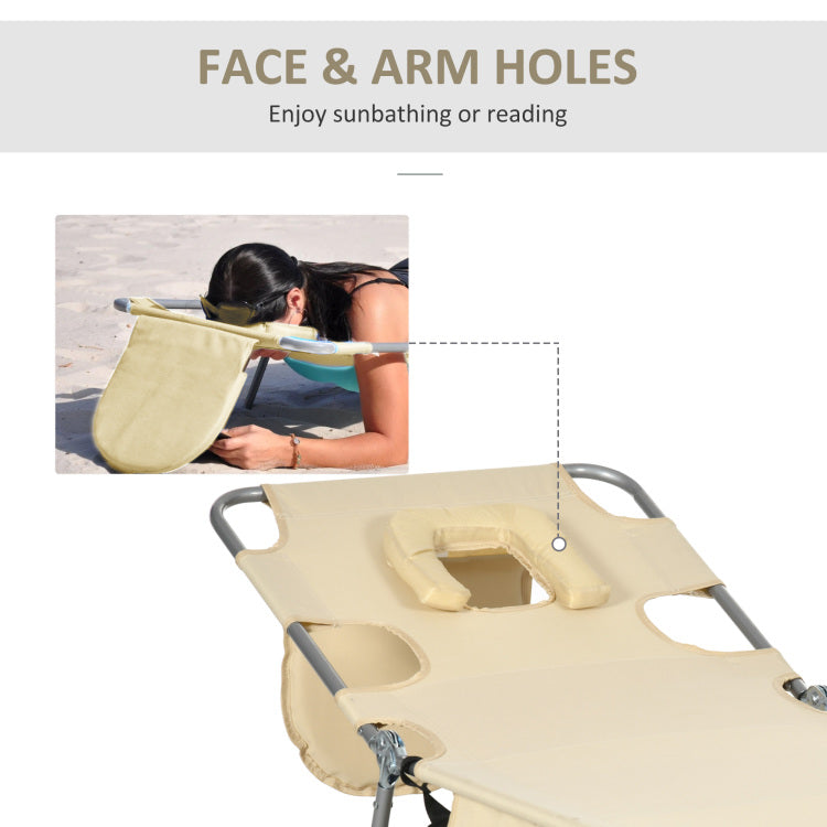 Outsunny Folding Beach Lounge Chair With Face Hole And Arm Slots, 5 Level Adjustable Sun Lounger Tanning Chair With Pillow For Patio, Garden, Beach, Pool, Beige