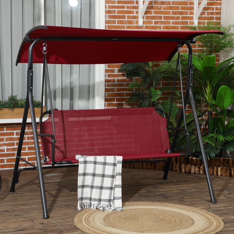 Outsunny 3 Person Porch Swing Bench With Stand & Adjustable Canopy, Armrests, Steel Frame For Outdoor, Garden, Patio, Porch & Poolside, Wine Red
