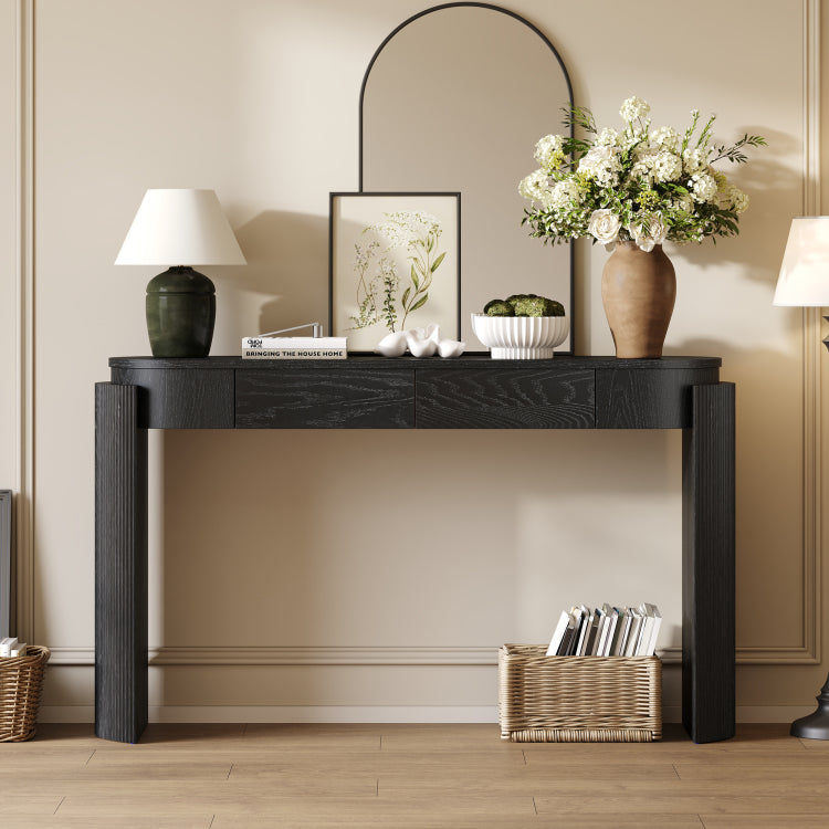 Entryway Table With Natural Wood Grain Finish, Console Table With Fluted Design, Oval Top And 2 Drawers For Entryway And Living Room Black