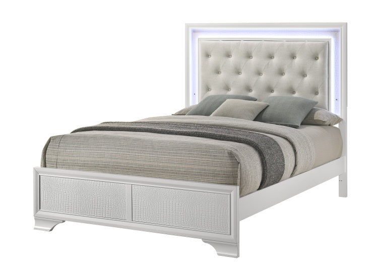 1Pc Modern White Textured Finish Tufted Headboard Upholstered Integrated Led Lighting Full Size Panel Bed Button Tufted Wooden Bedroom Furniture