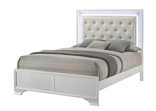 1Pc Modern White Textured Finish Tufted Headboard Upholstered Integrated Led Lighting Full Size Panel Bed Button Tufted Wooden Bedroom Furniture
