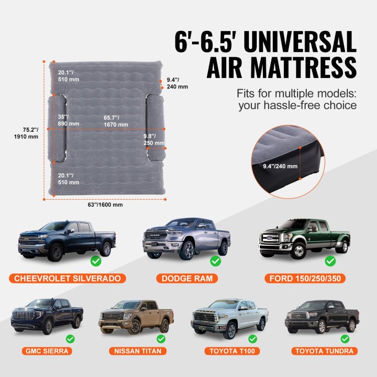Truck Bed Air Mattress, For 6 6.5 Ft Full Size Truck Beds, Inflatable Air Mattress Camping Bed With 12V Air Pump 2 Pillows, Carry Bag, For Chevrolet Silverado, Dodge Ram, Ford 150 250 350