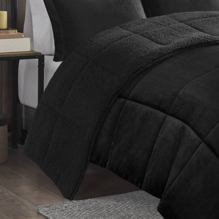 4 Piece Full Queen Plush To Sherpa Down Alternative Comforter Set,Black Black