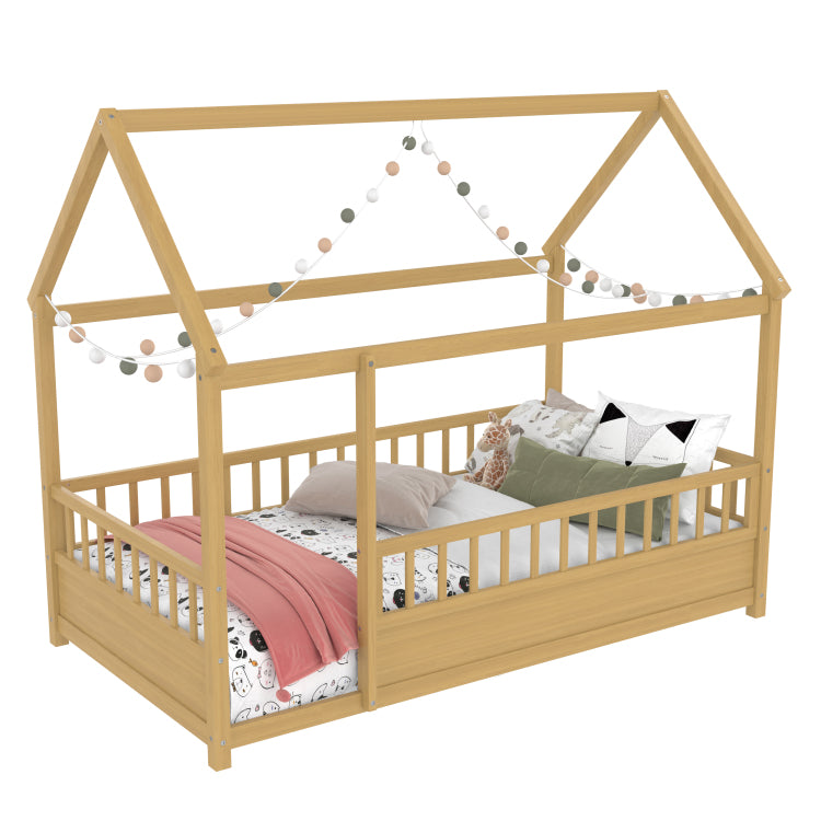 Twin Size Floor Wooden Bed With House Roof Frame, Fence Guardrails, Twin,Natural