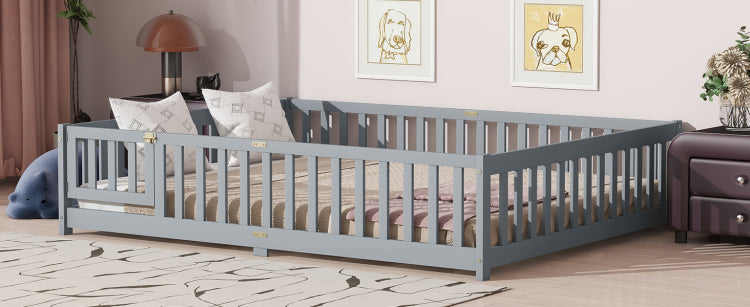 Queen Size Floor Bed With Fence,Door,Rubber Wood Floor Bed With Safety Guardrails,Grey
