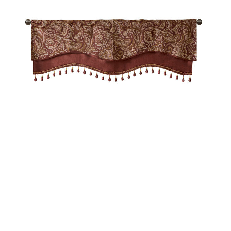 Jacquard Window Rod Pocket Valance With Beads Burgundy 50X18"