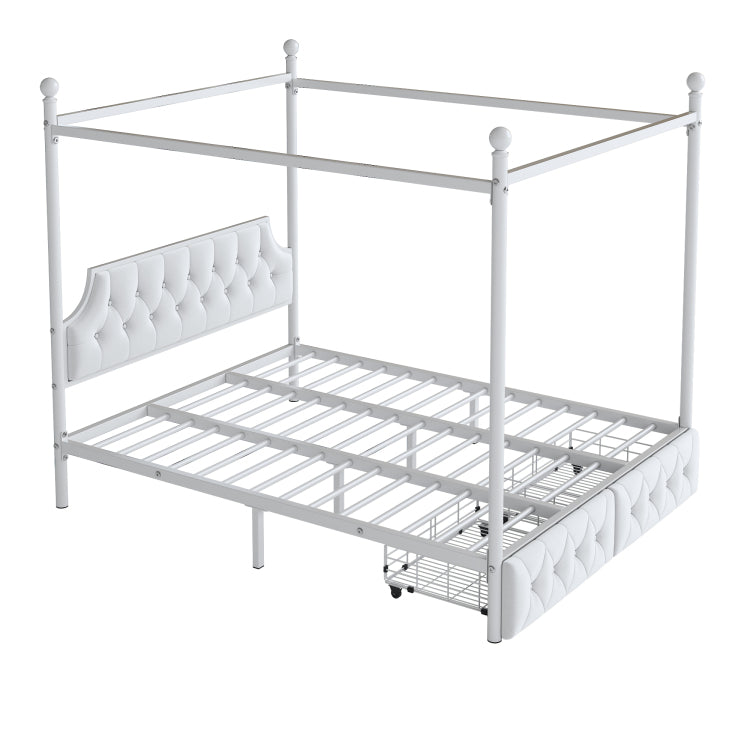 Queen Size Metal Canopy Platform Bed With Upholstered Headboard And Two Storage Drawers, White
