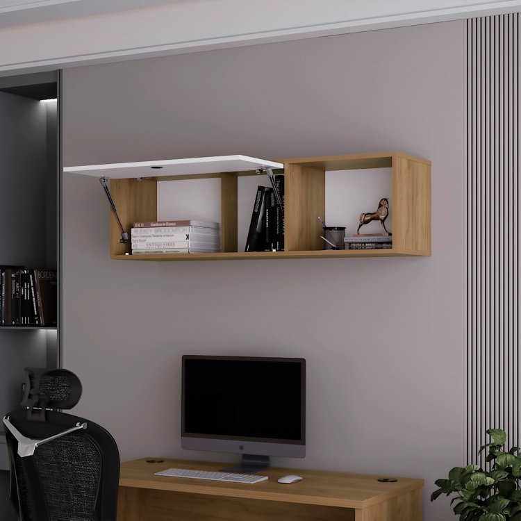 Natural Oak And White Wall Mounted Cabinet With Lift Up Door