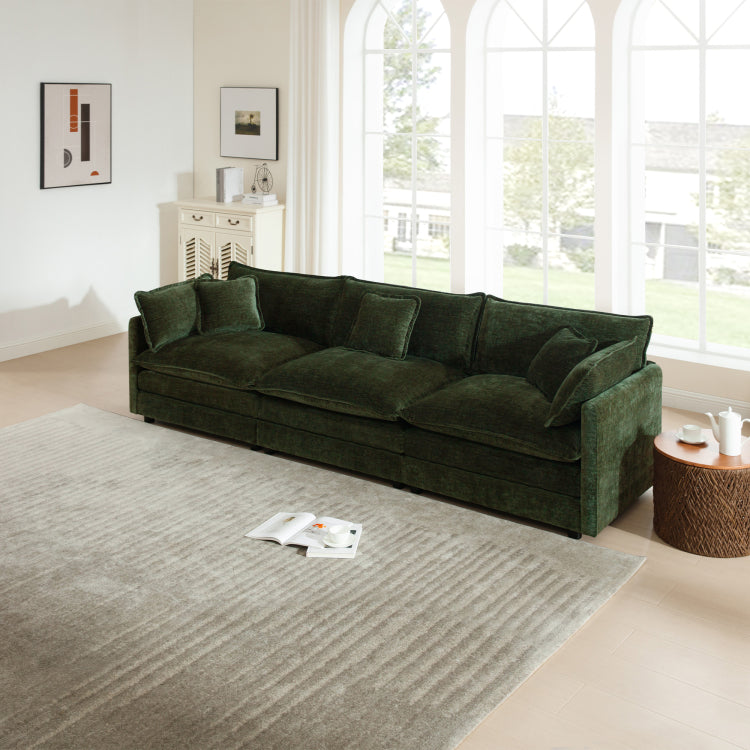 Mid Century Modern Couch 3 Seater Sofa With 2 Armrest Pillows And 3 Toss Pillows, Couch For Living Room Green Chenille