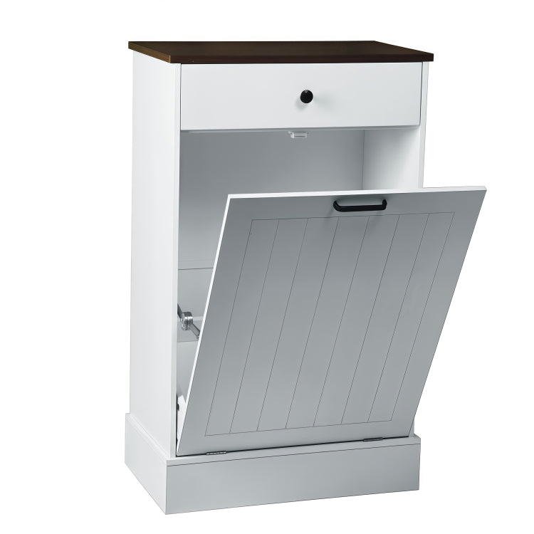 Tilt Out Trash Can Cabinet, Hidden Wooden Trash Can Cabinet With Drawer, Free Standing Garbage Cabinet For Kitchen, 10 Gallon Farmhouse Laundry Hamper Cabinet For Kitchen, Living Room White