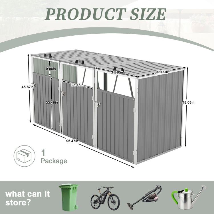Garbage Bin Shed Stores 3 Trash Cans With Pneumatic Support Rod, With Lockable Doors & Waterproof Lid Chain, For Patio,Garden,Backyard,Grey