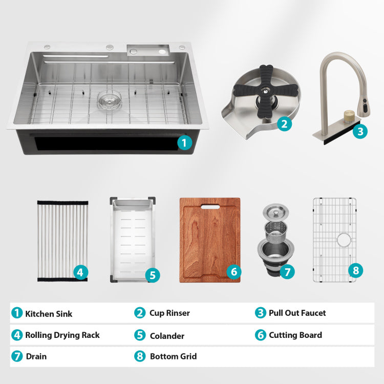 33" Drop In Waterfall Kitchen Sink 33*22*10 Inch Single Bowl 16 Gauge Stainless Steel Ledge Workstation Kitchen Sinks With Pull Down Faucet & Cup Washer