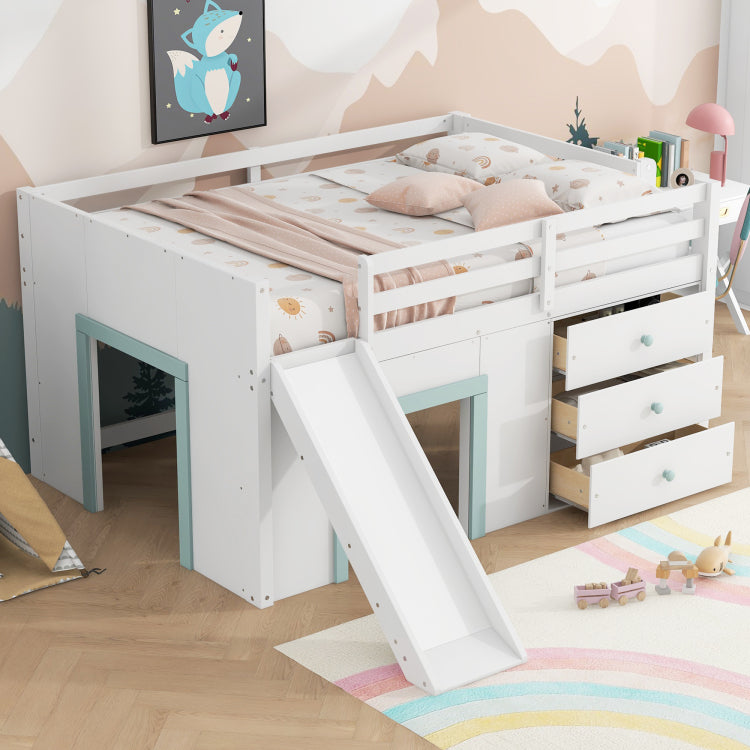 Full Size Low Loft Bed With Slide,Three Storage Drawers And Two Doors,White