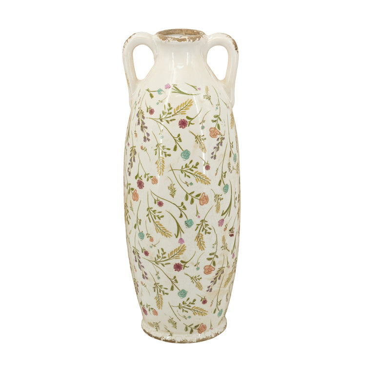 5.9X5.9X15.6" Decorative Ceramic Amphora Vase With Multi Colored Floral Motifs