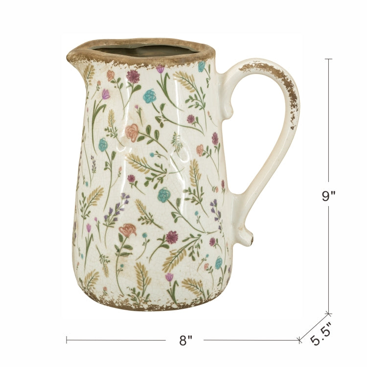8.1X5.7X9.1" Round Ceramic Pitcher Vase With Multi Colored Floral Motifs