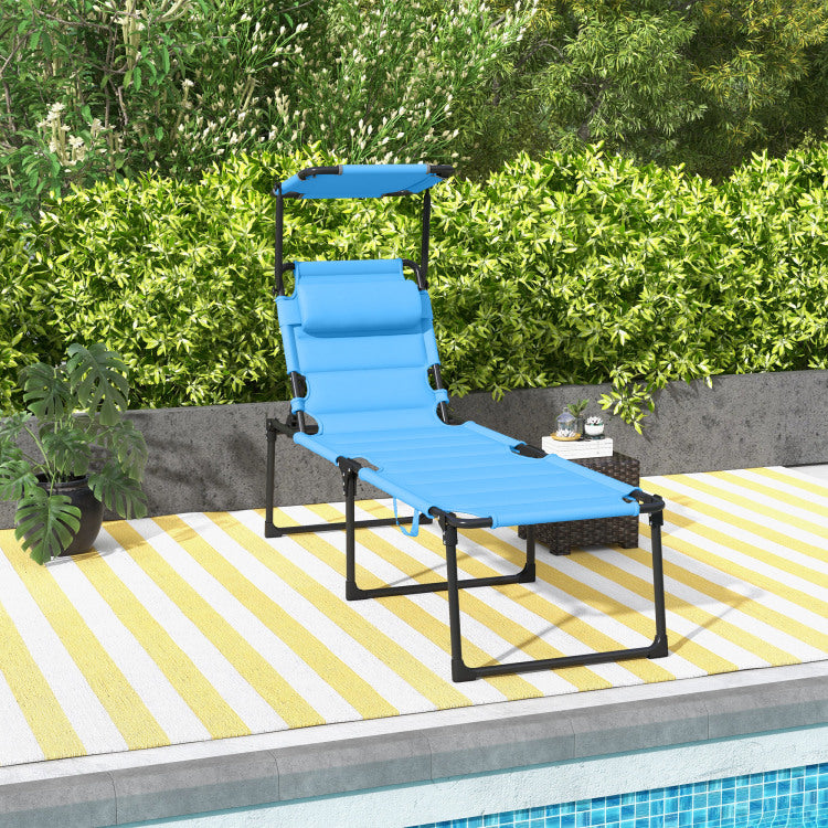 Outsunny Outdoor Lounge Chair, Adjustable Backrest Folding Chaise Lounge, Cushioned Tanning Chair W Sunshade Roof & Pillow Headrest For Beach, Camping, Hiking, Light Blue