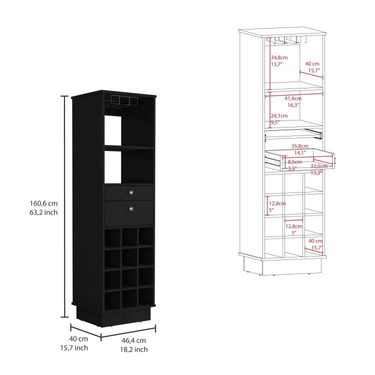 Classic Bar Cabinet, Two Drawers, Twelve Built In Wine Rack Black