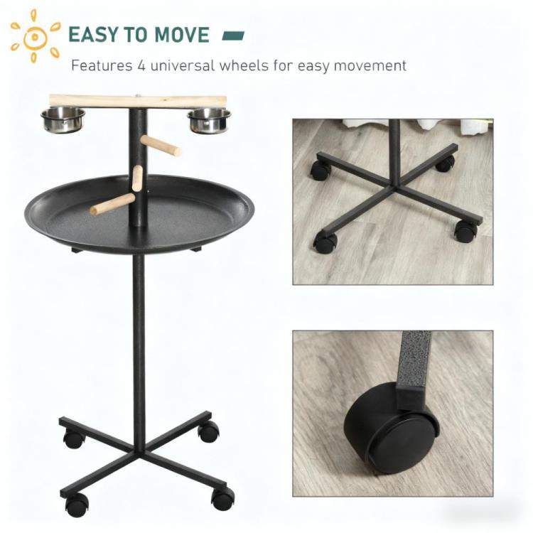 Bird Feeder Station With Wheels,Portable Bird Play Stand,Stainless Steel Feeding Bowls, Tray