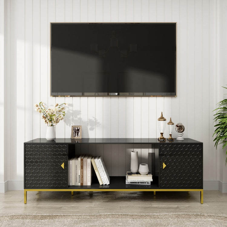 70 Inch Tv Stand, Heavy Duty Wood Media Entertainment Center Console With Cabinet Storage & Open Shelves For Living Room, Modern Design Black,Not Include Electric Fireplace