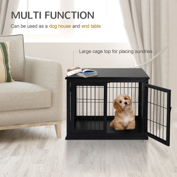 Pawhut Dog Crate Furniture, Small Dog Cage End Table With Two Opening Sides, Lockable Door, Puppy Kennel Indoor, Cute And Decorative, Black