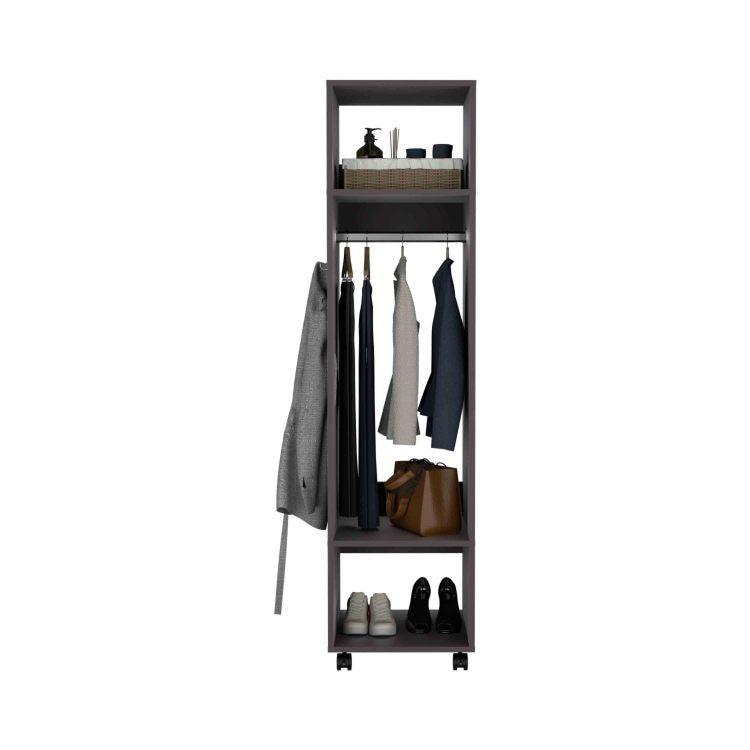 Cluster 63" Tall Wardrove With Mirror, Three Shelves, Casters And Hanging Rod, Armoire, Bedroom Clothes Storage, Cabinet Organizer Black